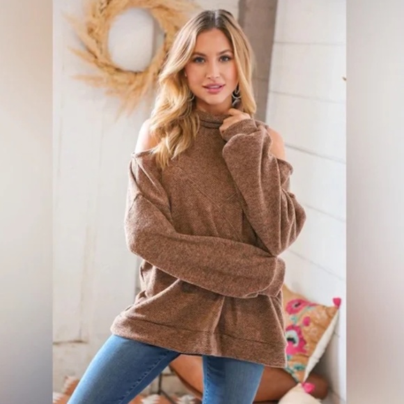 "The Simone" Sugarfox Brown Textured Cold Shoulder Turtleneck Sweater - Picture 3 of 5